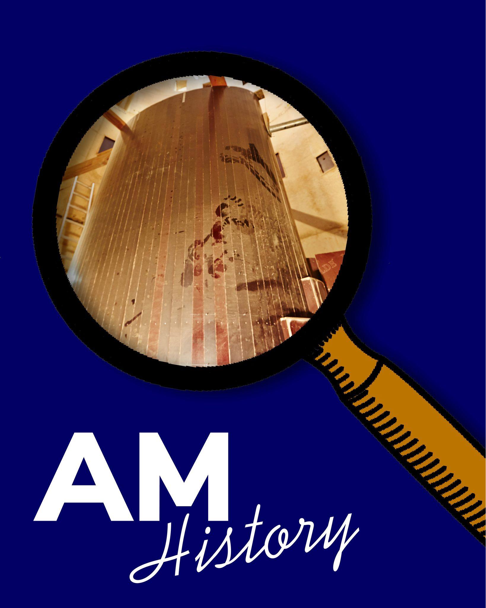 Dieser Alternativtext wurde KI-generiert: Ein Objekt wird durch eine Lupe betrachtet. Im Hintergrund sind architektonische Strukturen und die Buchstaben "AM History" zu sehen.