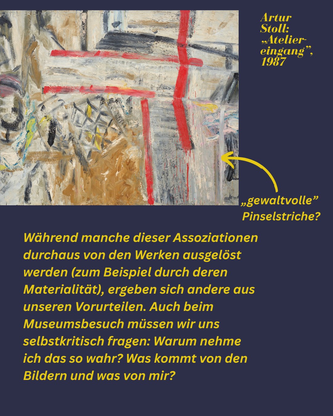 Dieser Alternativtext wurde KI-generiert: Schwarz-weißes Gemälde mit abstrakten Formen und Pinselstrichen. Unterhalb des Bildes befindet sich Text in deutscher Sprache.