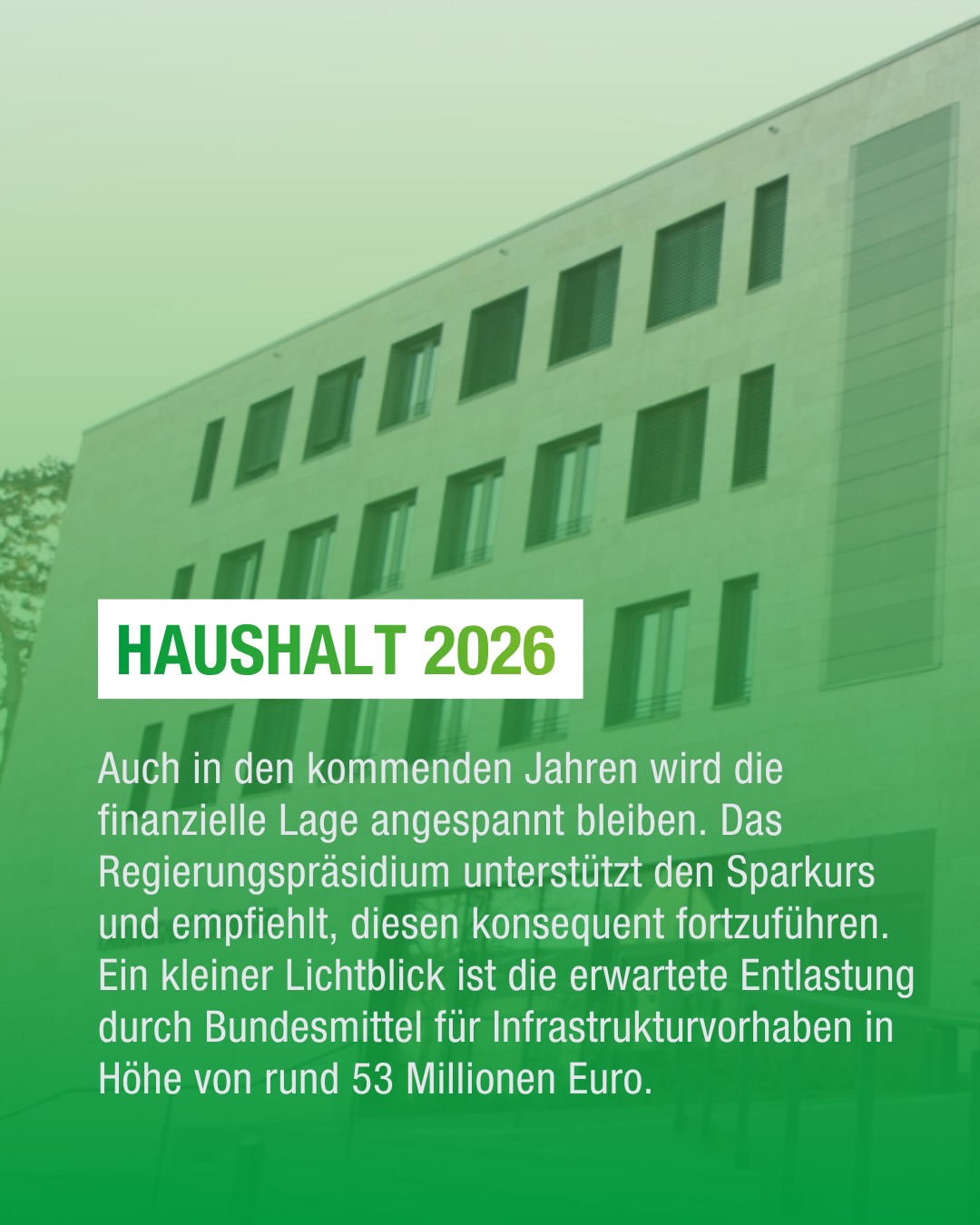 Dieser Alternativtext wurde KI-generiert: Ein Gebäude mit vielen Fenstern im Hintergrund. Im Vordergrund befindet sich ein grüner Bereich mit Text, der sich auf ein Budget bezieht.