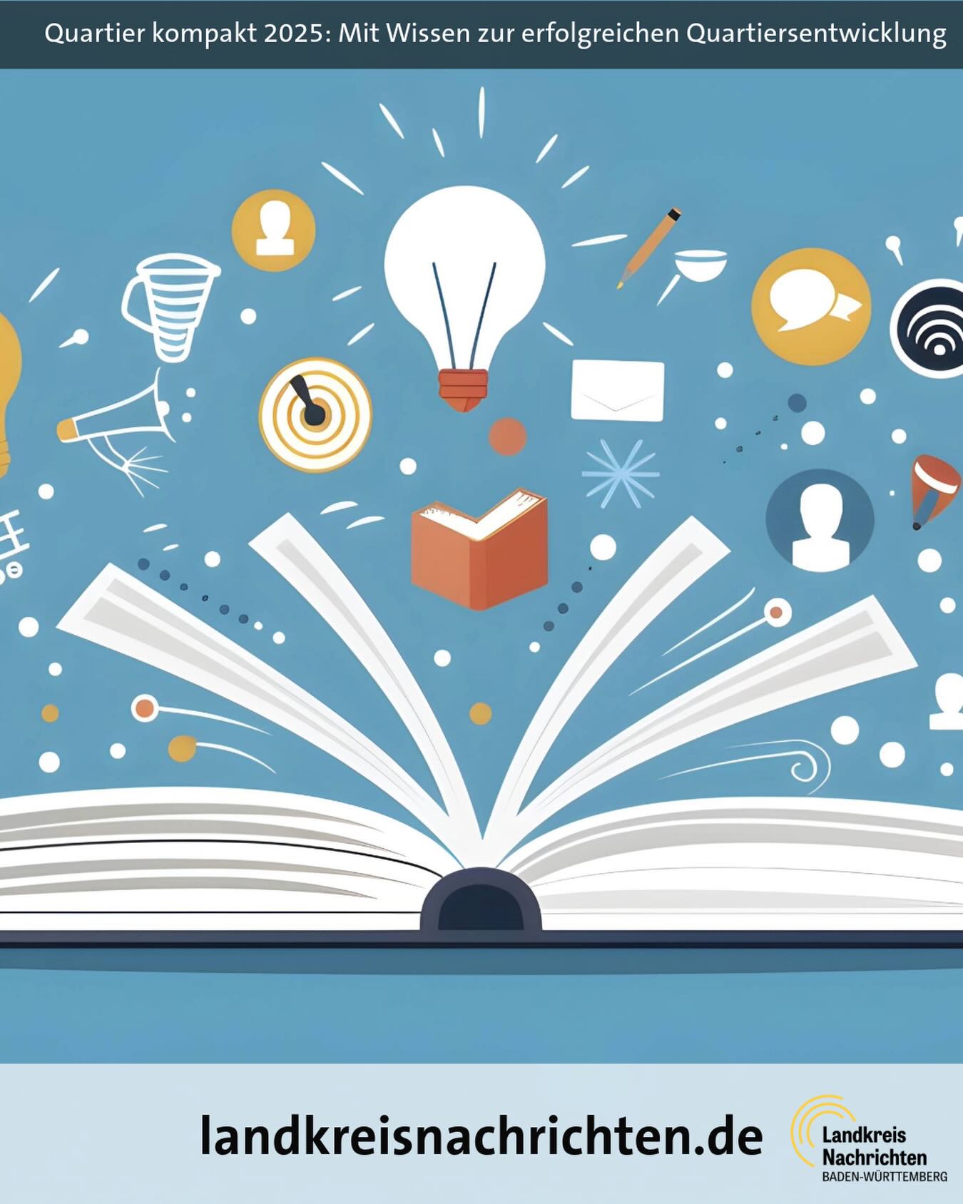 Dieser Alternativtext wurde KI-generiert: Abbildung mit einer offenen Buchseite, aus der Lichtstrahlen und verschiedene Symbole wie Glühbirnen, Köpfe und Stifte hervorgehen. Es handelt sich um eine farbenfrohe, illustrative Darstellung.