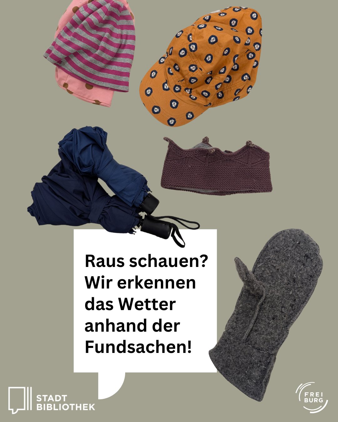 Dieser Alternativtext wurde KI-generiert: Verschiedene Kleidungsstücke wie Mützen, Handschuhe und ein Schal sind auf einem hellgrauen Hintergrund zu sehen. Ein Text fragt, ob man das Wetter anhand der Fundstücke errkennen kann.
