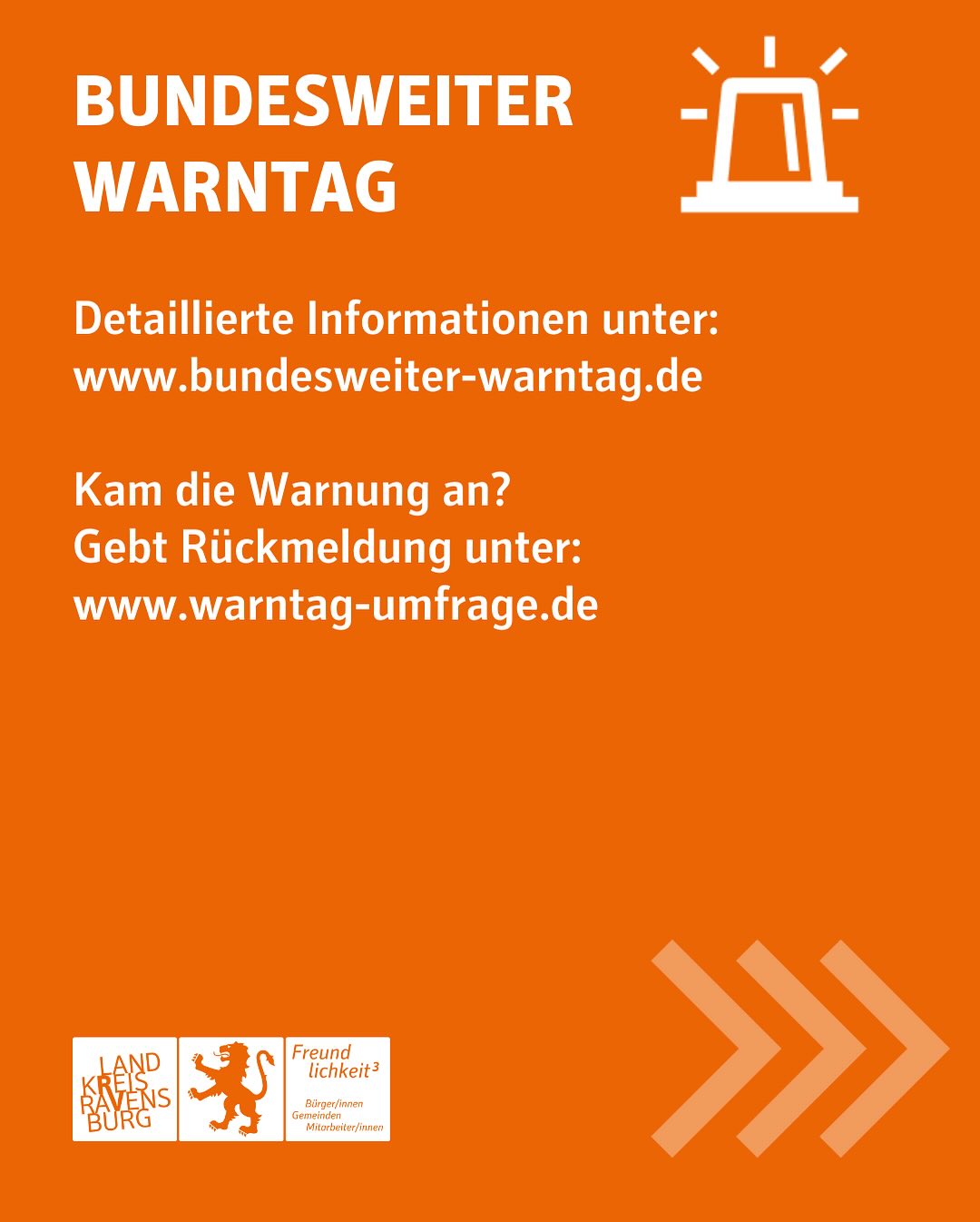 Dieser Alternativtext wurde KI-generiert: Ein orangefarbenes Plakat mit dem Titel „Bundesweiter Warntag“ und einem Symbol für einen Feueralarm. Es enthält Webadressen für weitere Informationen und zur Rückmeldung.
