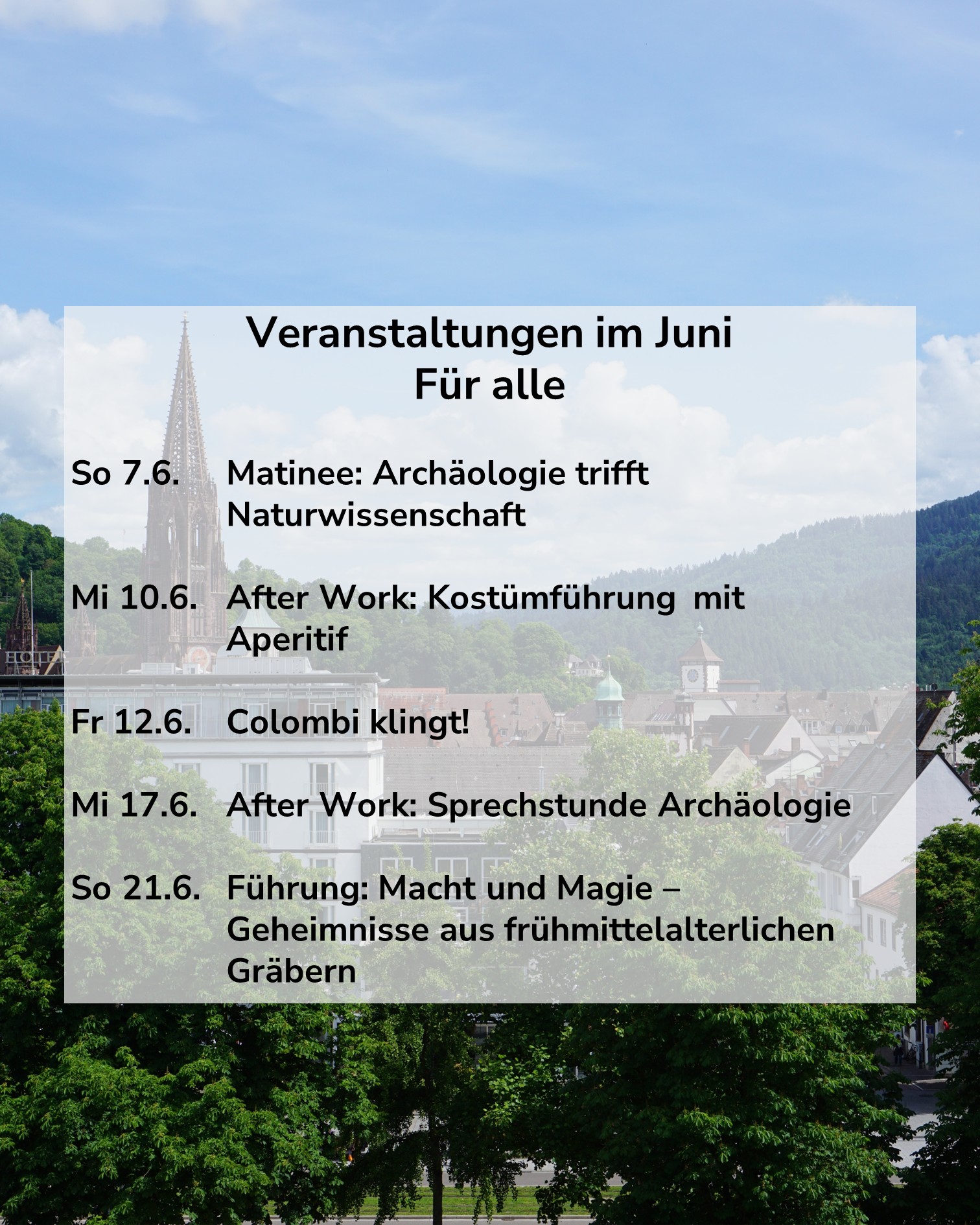 Veranstaltungsübersicht für Juni mit Terminen wie Matinee, After Work und Führungen vor einer Stadtsilhouette mit Kirchturm und grünen Hügeln im Hintergrund. (KI-Alternativtext)