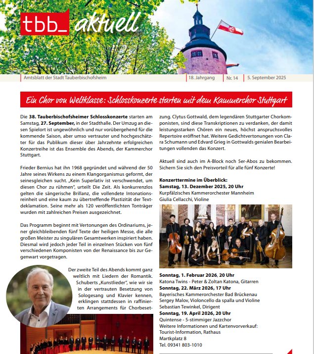 Schwarz-weißes Zeitungsausschnitt mit Text und einem kleinen Bild von einer Flagge. Der Text kündigt ein Konzert an und enthält Details zu den beteiligten Künstlern.