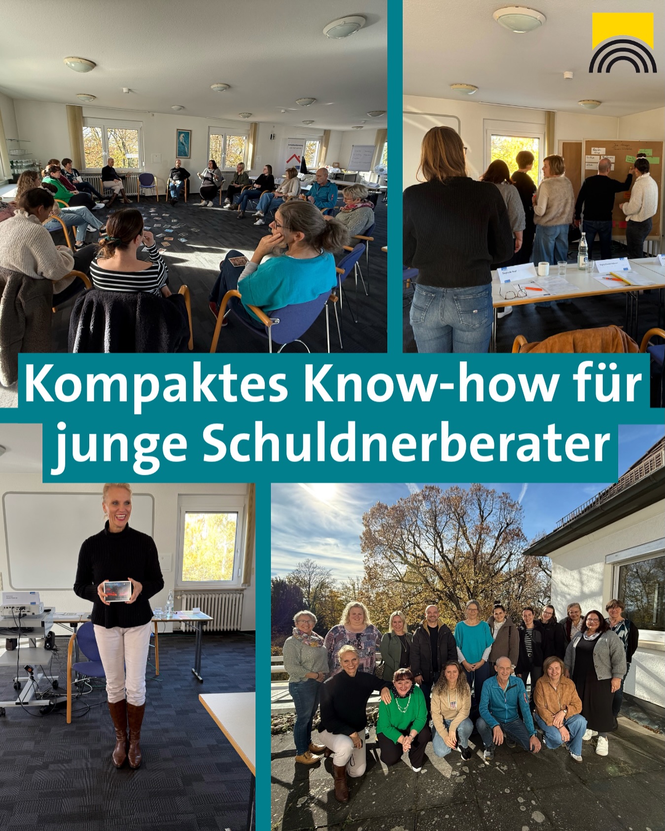 Dieser Alternativtext wurde KI-generiert: Eine Collage zeigt verschiedene Aufnahmen von einer Gruppe von Menschen, die an einem Workshop oder einer Konferenz teilnehmen. Die Bilder zeigen sowohl Innen- als auch Außenaufnahmen eines Gebäudes.