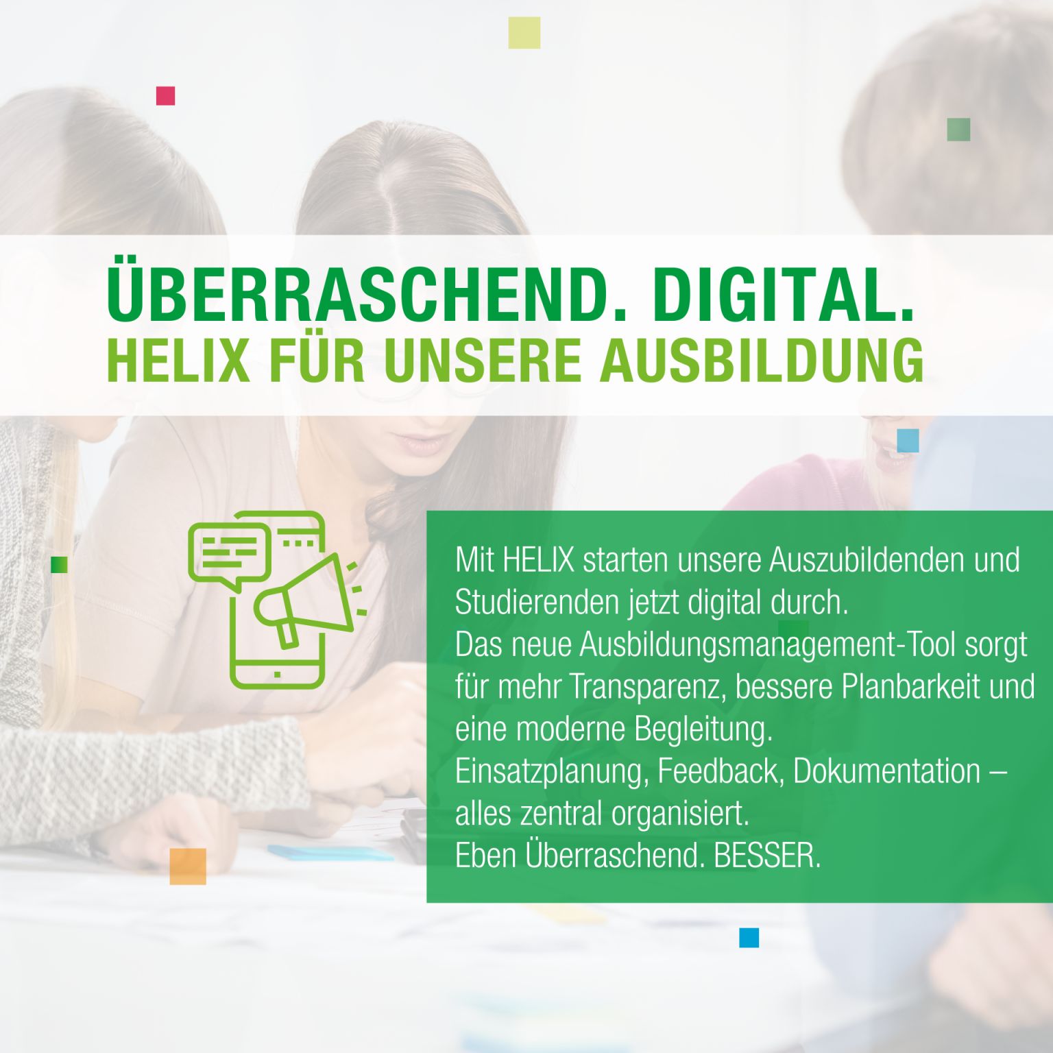 Werbeanzeige mit Text und Grafikelementen. Ein digitales Gerät mit einem Diagramm ist abgebildet, um die digitale Ausbildung zu bewerben.