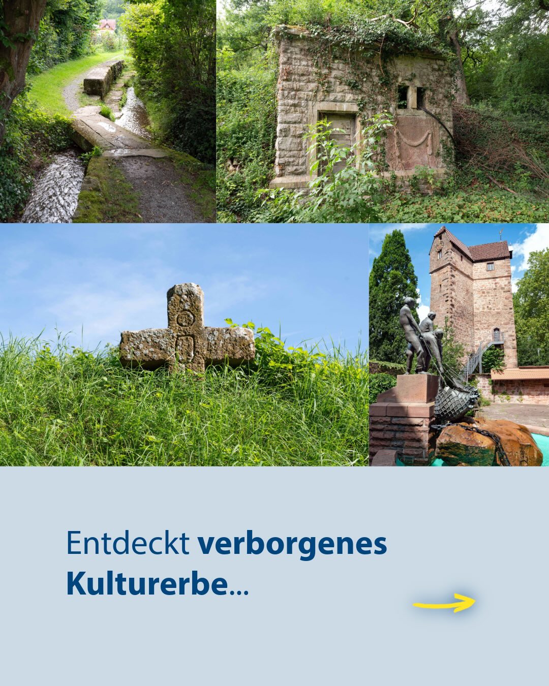 Eine Collage aus vier Fotos zeigt historische Stätten: oben links ein Weg über einen Bach, oben rechts ein von Pflanzen umranktes Steingebäude, unten links ein Steinkreuz im Gras und unten rechts eine Skulptur vor einem Turm. Darunter steht der Text „Entdeckt verborgenes Kulturerbe...“ mit einem gelben Pfeil. (KI-Alternativtext)