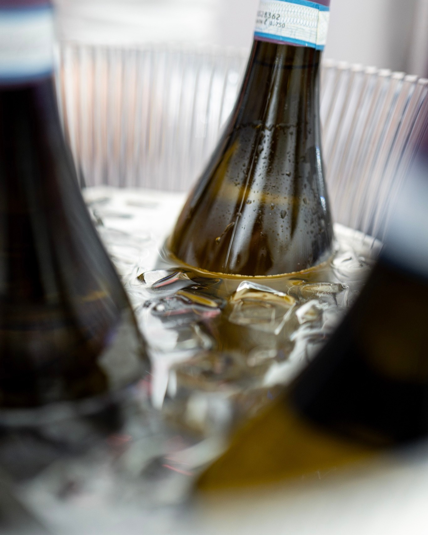 Eine Flasche mit Kondenswasser steht in einem Eiskübel mit Eiswürfeln, umgeben von weiteren Flaschen im unscharfen Vorder- und Hintergrund. (KI-Alternativtext)