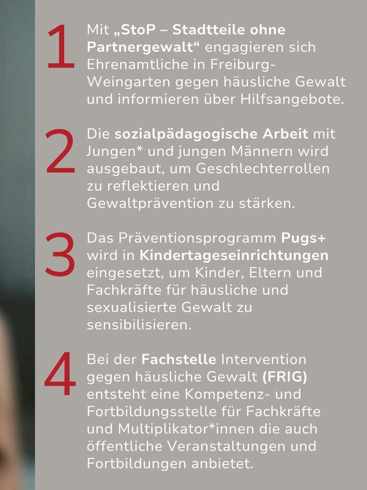 Eine nummerierte Liste von 1 bis 4 listet Maßnahmen gegen häusliche Gewalt in Freiburg-Weingarten auf. Genannt werden das Ehrenamtsprojekt StoP, die sozialpädagogische Arbeit mit Jungen, das Präventionsprogramm Pugs+ in Kindertageseinrichtungen und die Fachstelle FRIG. (KI-Alternativtext)