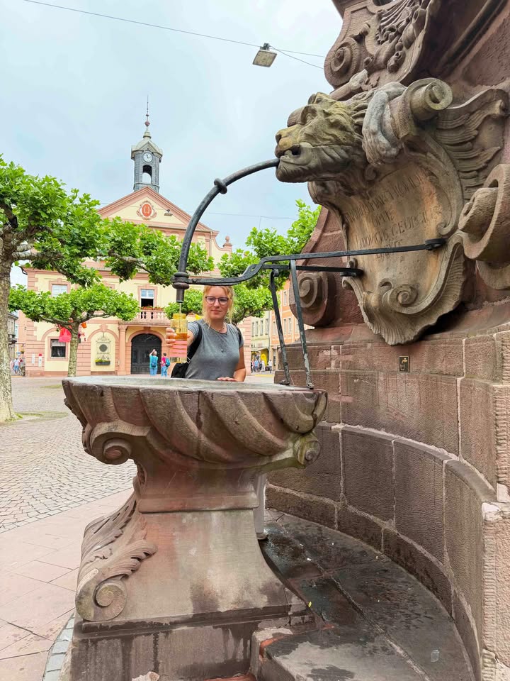 Eine Person hält ein Glas mit Getränk vor einen Brunnen mit Löwenkopf, aus dessen Maul Wasser fließt. Im Hintergrund ist ein historisches Gebäude mit Turm und Bäume auf einem Platz zu sehen. (KI-Alternativtext)