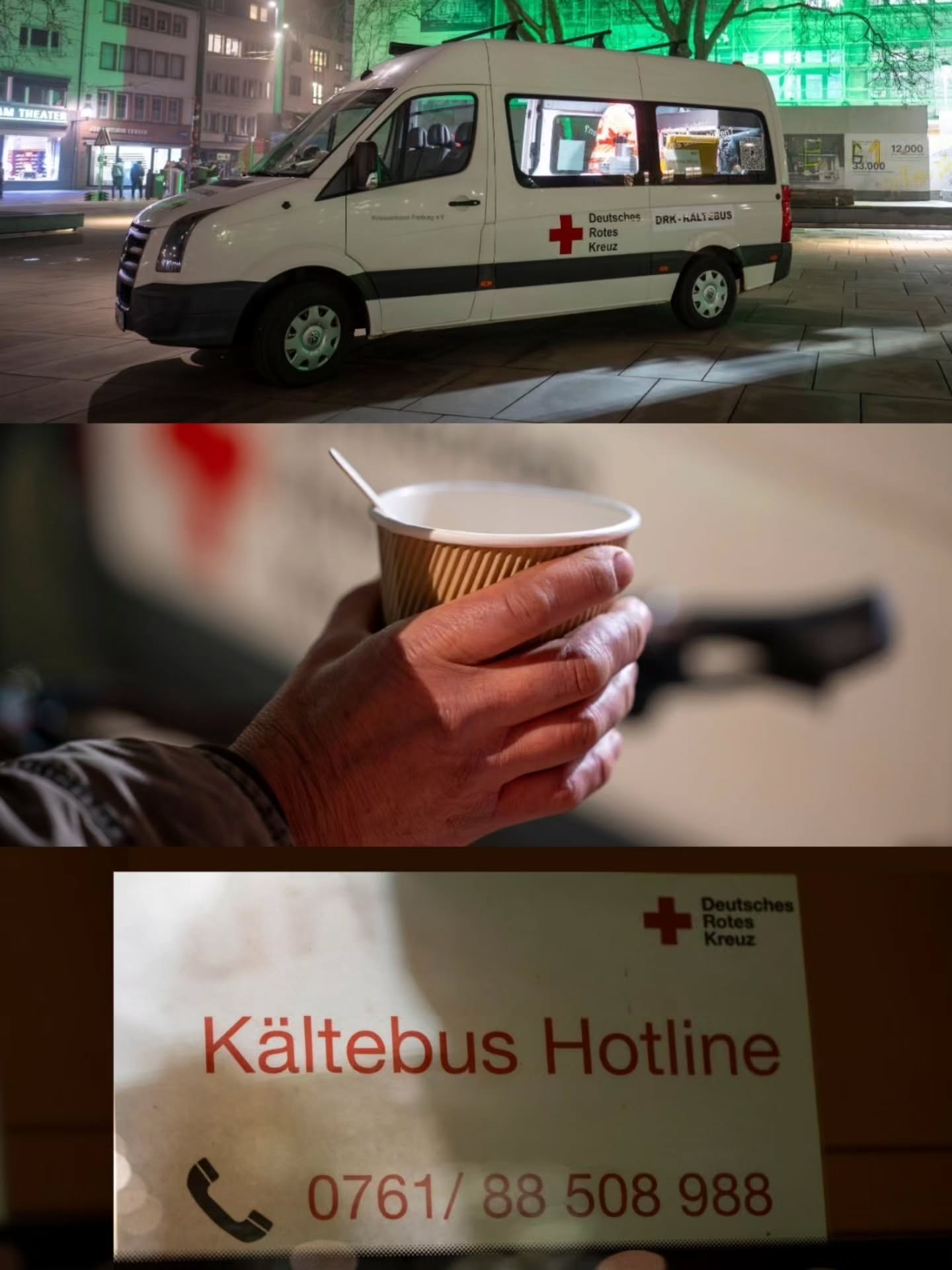 Dieser Alternativtext wurde KI-generiert: Collage aus mehreren Bildern: Ein Fahrzeug mit rotem Kreuz, eine Hand mit einem Pappbecher und ein Schild mit einer Hotline-Nummer. Das Bild ist in Farbfotos und Schwarz-Weiß dargestellt.