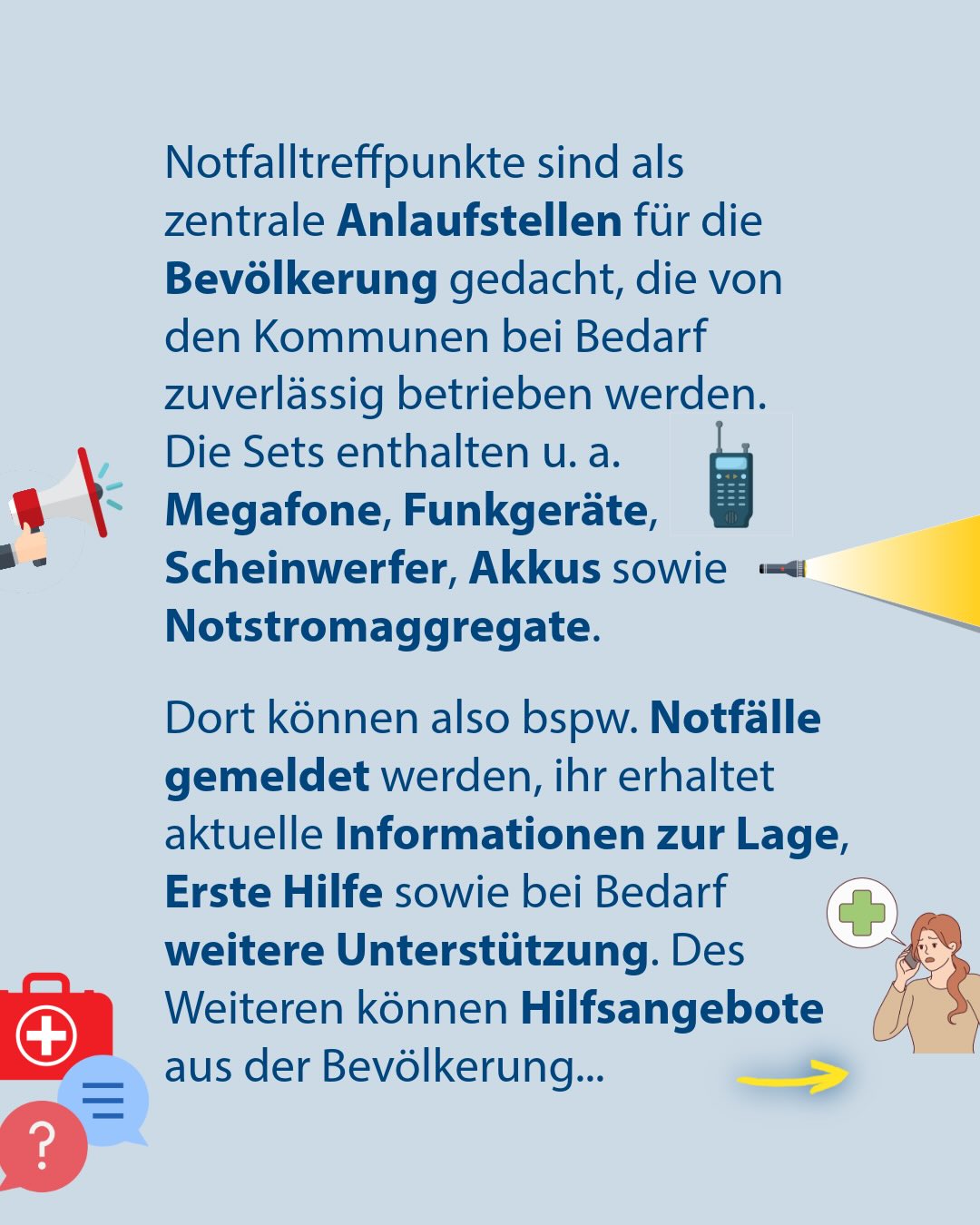 Infografik über Notfalltreffpunkte als zentrale Anlaufstellen für die Bevölkerung. Dargestellt sind Illustrationen von Megafonen, Funkgeräten, Scheinwerfern und einem Erste-Hilfe-Kasten. Der Text erläutert, dass dort Notfälle gemeldet, Informationen erhalten, Erste Hilfe geleistet und Hilfsangebote aus der Bevölkerung vermittelt werden. (KI-Alternativtext)
