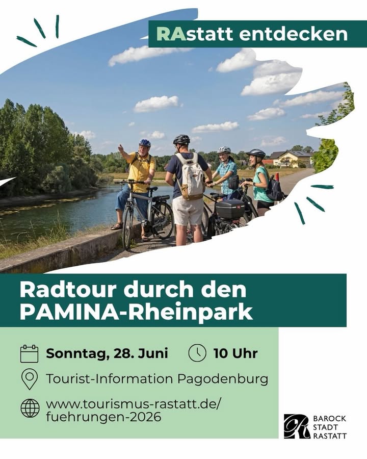 Gruppe mit Fahrrädern und Helmen steht am Ufer eines Gewässers, eine Person zeigt in die Ferne. Werbung für eine Radtour durch den PAMINA-Rheinpark am Sonntag, 28. Juni, 10 Uhr, Treffpunkt Tourist-Information Pagodenburg. (KI-Alternativtext)