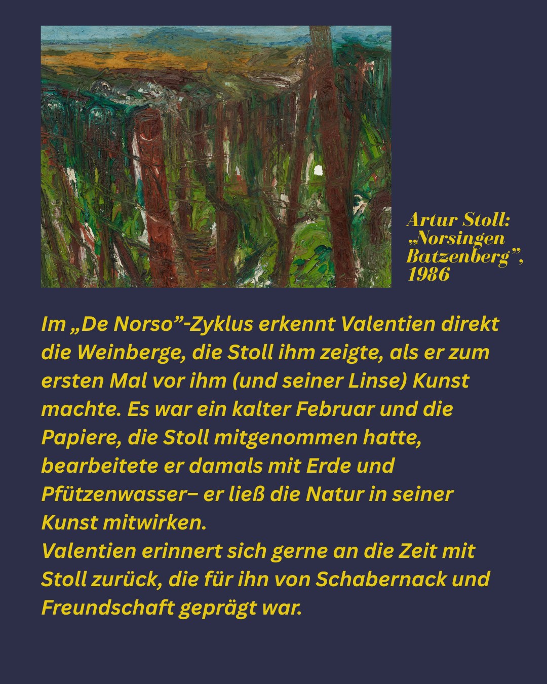 Dieser Alternativtext wurde KI-generiert: Schwarz-weißes Gemälde mit abstrakten grünen und gelben Formen. Der Bildtext liefert Informationen über den Künstler und das Werk, das im Februar entstanden ist.