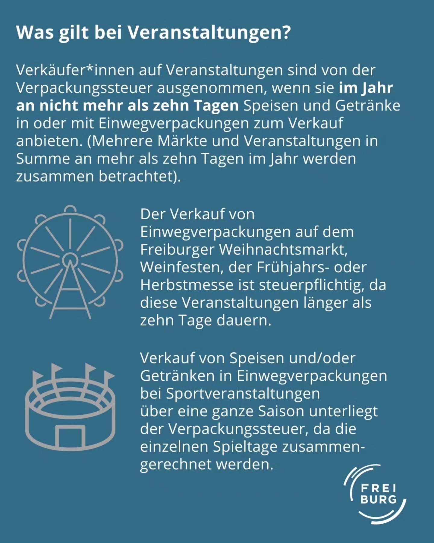 Dieser Alternativtext wurde KI-generiert: Ein Informationsplakat in blauer und grüner Farbgebung erklärt Regelungen zur Verpackungssteuer für Verkäufer*innen auf Veranstaltungen. Es werden Einschränkungen und Ausnahmen für den Verkauf von Speisen und Getränken genannt.
