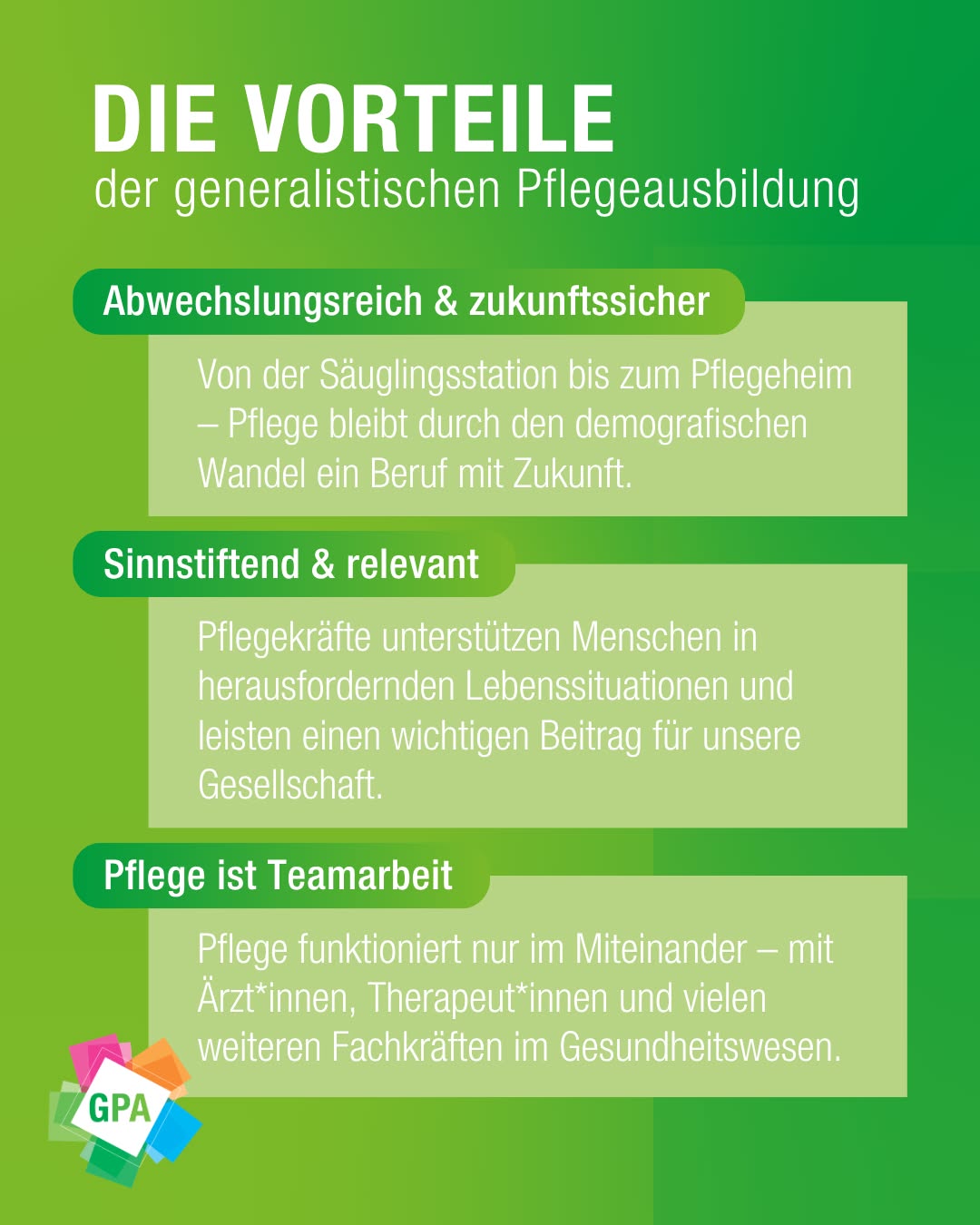 Dieser Alternativtext wurde KI-generiert: Farbiger Hintergrund mit Text. Das Bild zeigt Werbeinformationen zu einer umfassenden Ausbildung im Pflegebereich, die die Vorteile und die Teamarbeit hervorhebt.