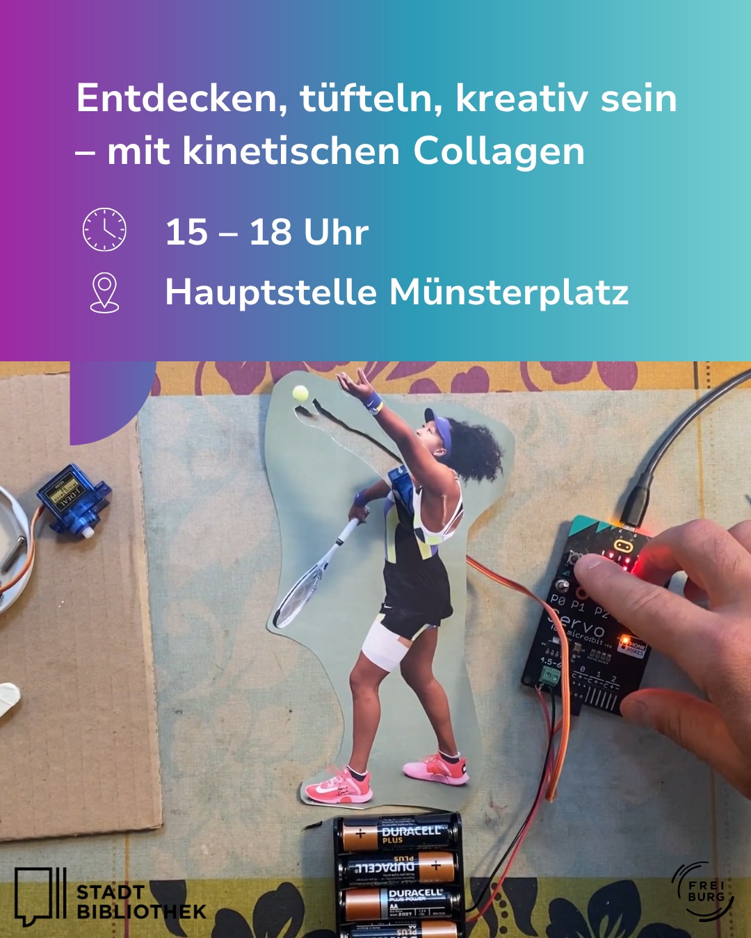 Dieser Alternativtext wurde KI-generiert: Ein farbiges Plakat wirbt für eine Veranstaltung. Es zeigt eine Person, die mit einem Schläger einen Ball schlägt, kombiniert mit Robotik-Elementen und Batterien.