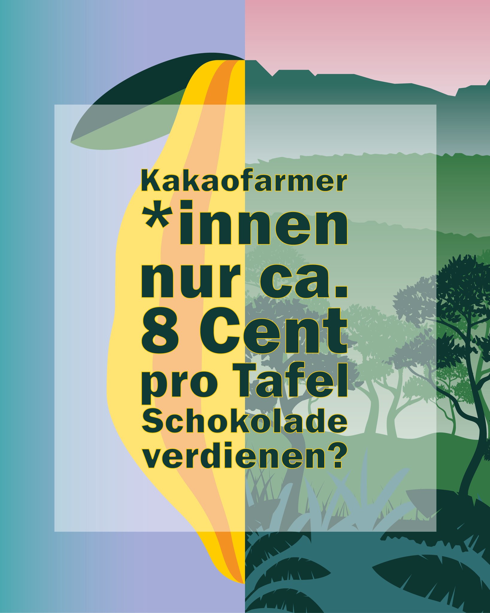 Eine große gelbe Kakaofrucht ist links vor einer grünen Landschaft mit Bäumen zu sehen. Der Text darauf lautet: "Kakaofarmer *innen nur ca. 8 Cent pro Tafel Schokolade verdienen?" (KI-Alternativtext)