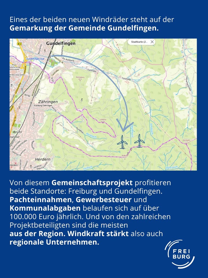 Dieser Alternativtext wurde KI-generiert: Eine kontrastreiche Karte zeigt topografische Details einer Region mit Straßen, Feldern und einigen kleinen Windkraftanlagen. Text erklärt ein Gemeinschaftsprojekt und Investitionen in Windenergie.