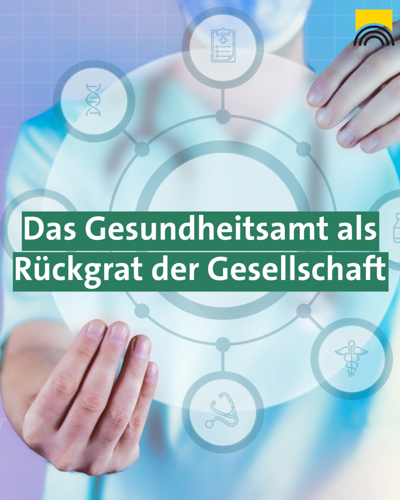 Dieser Alternativtext wurde KI-generiert: Abstraktes Bild mit medizinischen Symbolen wie DNA-Strang, Stethoskop und Notizblock. Hände sind in das Bild integriert und ein Textbanner befindet sich im Vordergrund.