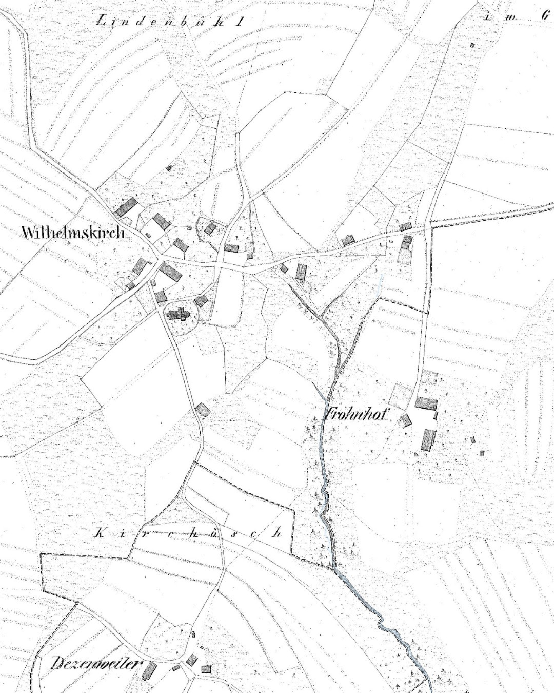 Zu sehen ist die Urkarte rund um Wilhelmskirch.