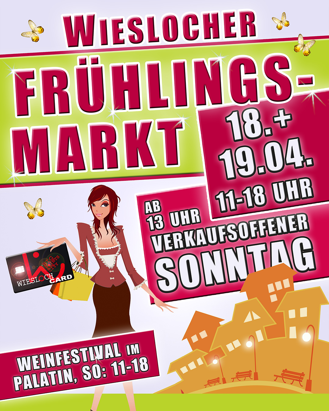 Dieser Alternativtext wurde KI-generiert: Ein farbenfrohes Werbeplakat kündigt einen Frühlingsmarkt an. Es zeigt ein Bild einer Person, Gebäude und Schmetterlinge, sowie Informationen zu Datum und Uhrzeit.