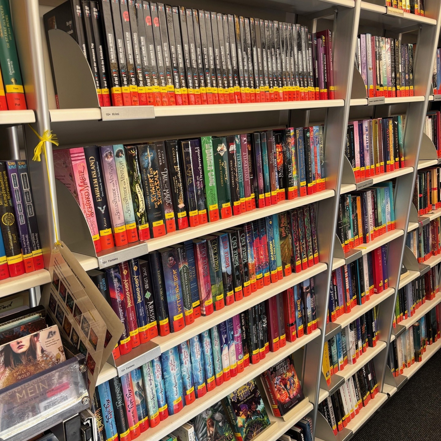 Ein Foto zeigt mehrere volle Bücherregale. Die Bücher sind nach Themen geordnet und mit Etiketten versehen.