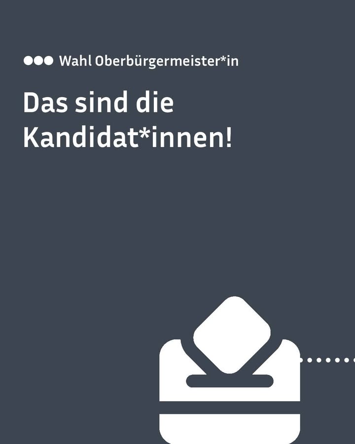 Text auf dunkelblauem Hintergrund: 'Wahl Oberbürgermeister*in - Das sind die Kandidat*innen!' darunter Grafik einer Wahlurne in weiß.