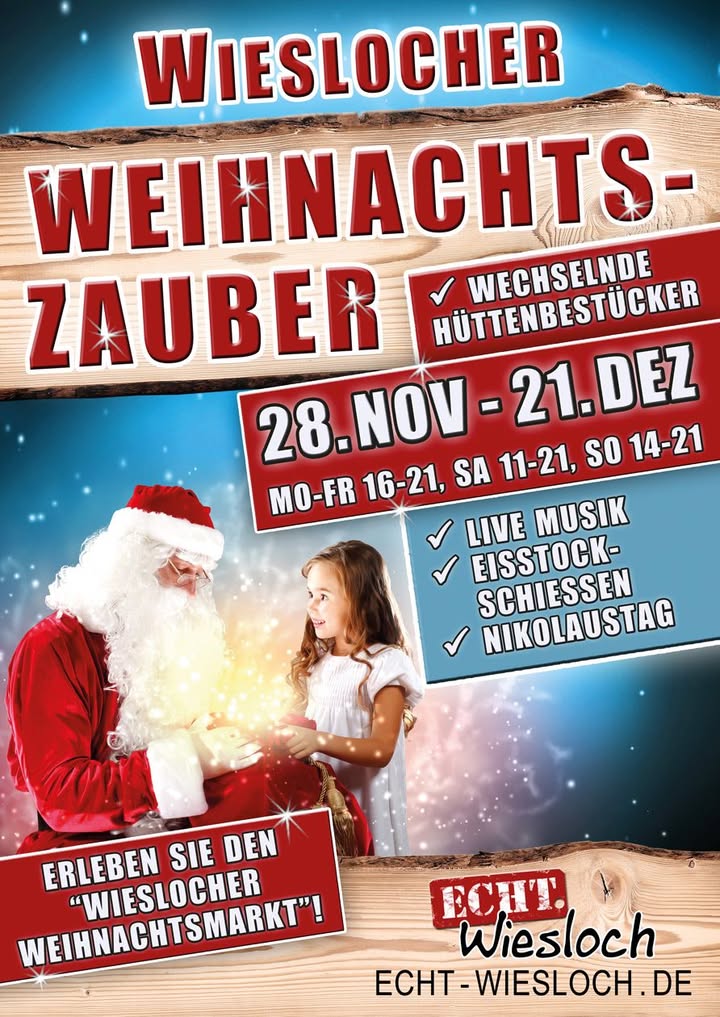 Dieser Alternativtext wurde KI-generiert: Werbeplakat für einen Weihnachtsmarkt mit Informationen zu Terminen, Attraktionen und einem Bild von Personen in winterlicher Kleidung. Das Plakat hat einen rustikalen Holzrahmen.