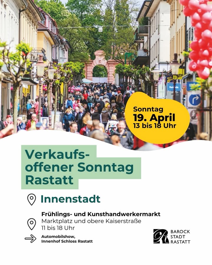 Dieser Alternativtext wurde KI-generiert: Ein farbiges Plakat kündigt einen verkaufsoffenen Sonntag mit einem Frühlings- und Kunsthandwerkermarkt an. Es zeigt eine belebte Straße mit Menschen und geschmückten Gebäuden.