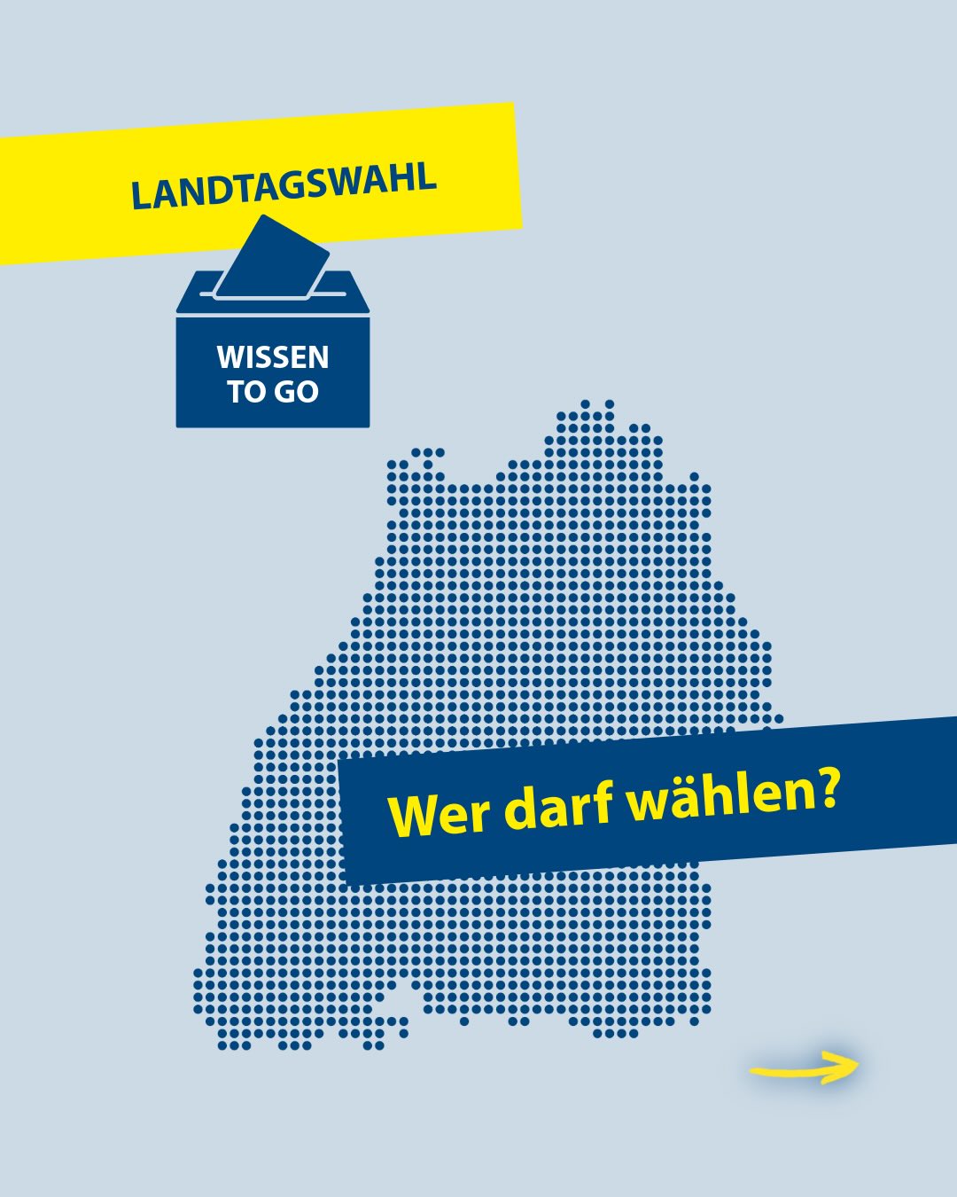 Dieser Alternativtext wurde KI-generiert: Ein farbiges Bild mit der Aufschrift “Landtagswahl” und einer stilisieren Wahlurne. Darunter ist eine Karte mit Punkten und der Frage: “Wer darf wählen?”