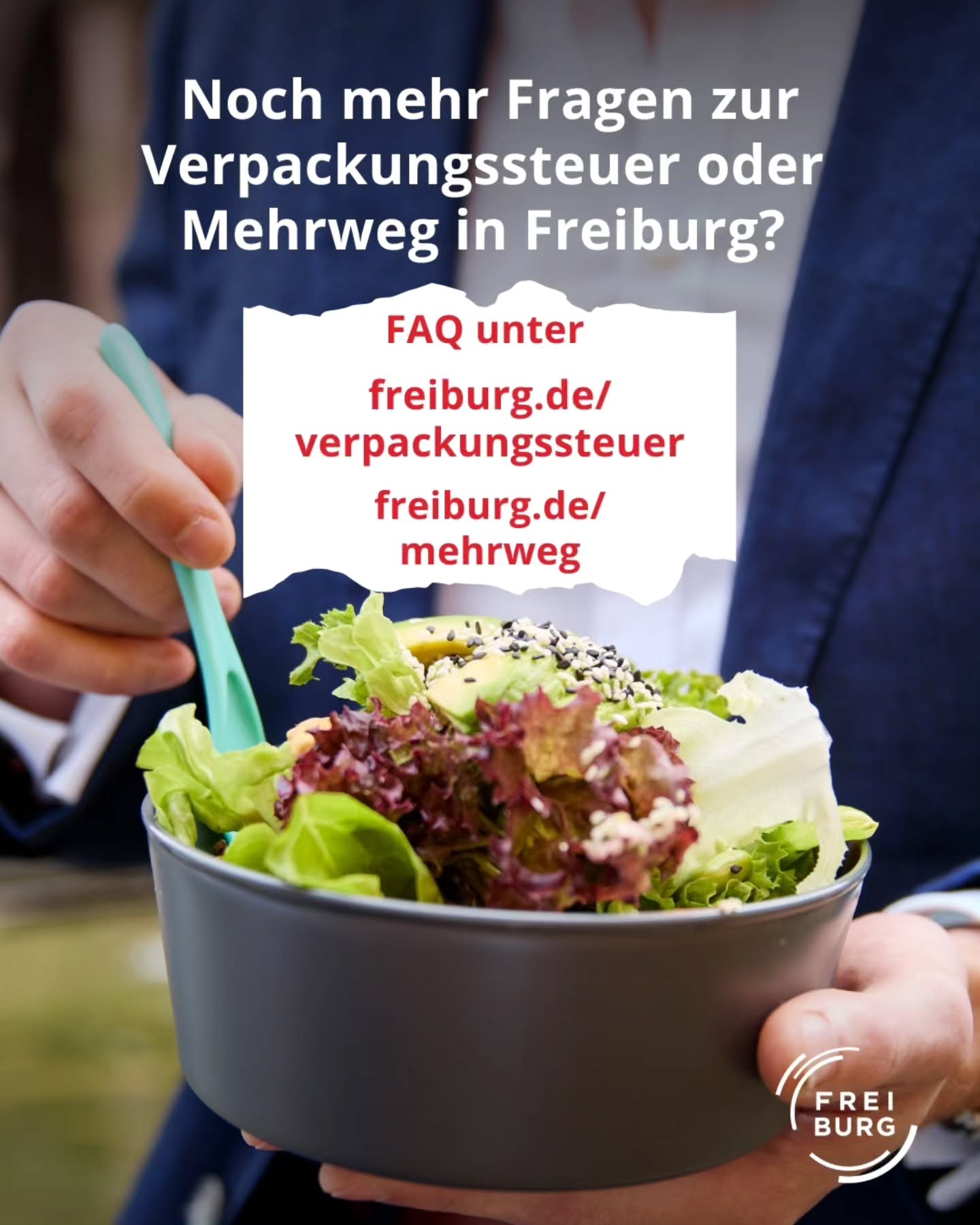 Dieser Alternativtext wurde KI-generiert: Ein Teller mit Salat wird im Vordergrund gezeigt. Im Hintergrund befindet sich Text zu Fragen bezüglich einer Steuer und einer Webseite.