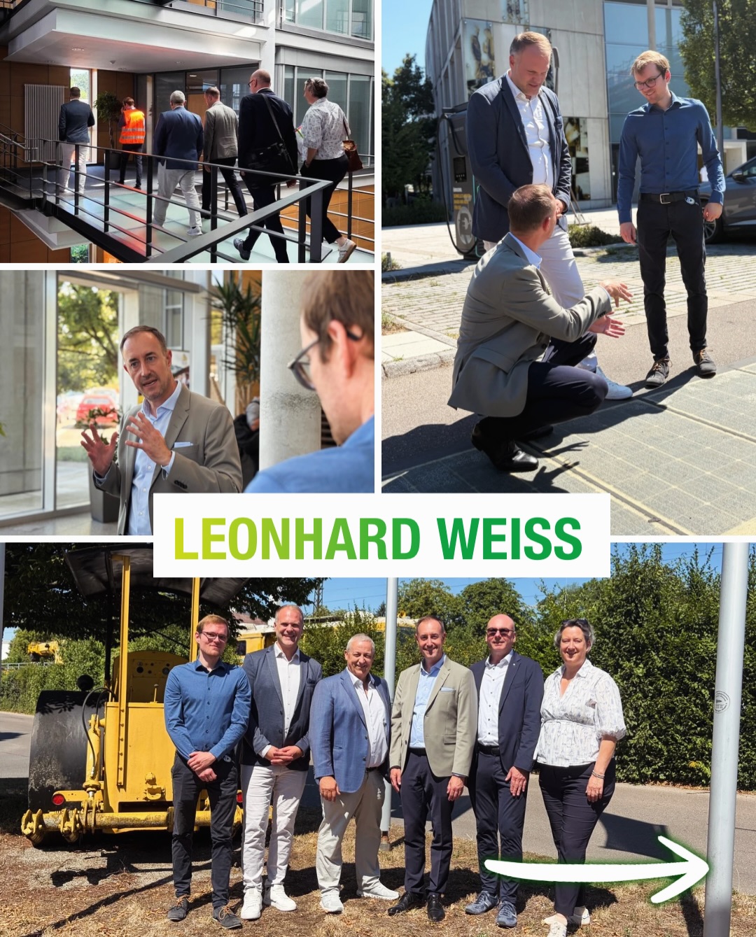 Eine Collage aus vier Fotos mit dem grünen Schriftzug "LEONHARD WEISS" in der Mitte. Oben links gehen Personen eine Rampe hinauf. Oben rechts hockt eine Person und gestikuliert gegenüber zwei stehenden Personen. Links daneben spricht eine Person mit erhobenen Händen. Unten steht eine Gruppe von sechs Personen vor einem gelben Baufahrzeug. Rechts unten weist ein weißer Pfeil nach rechts. (KI-Alternativtext)