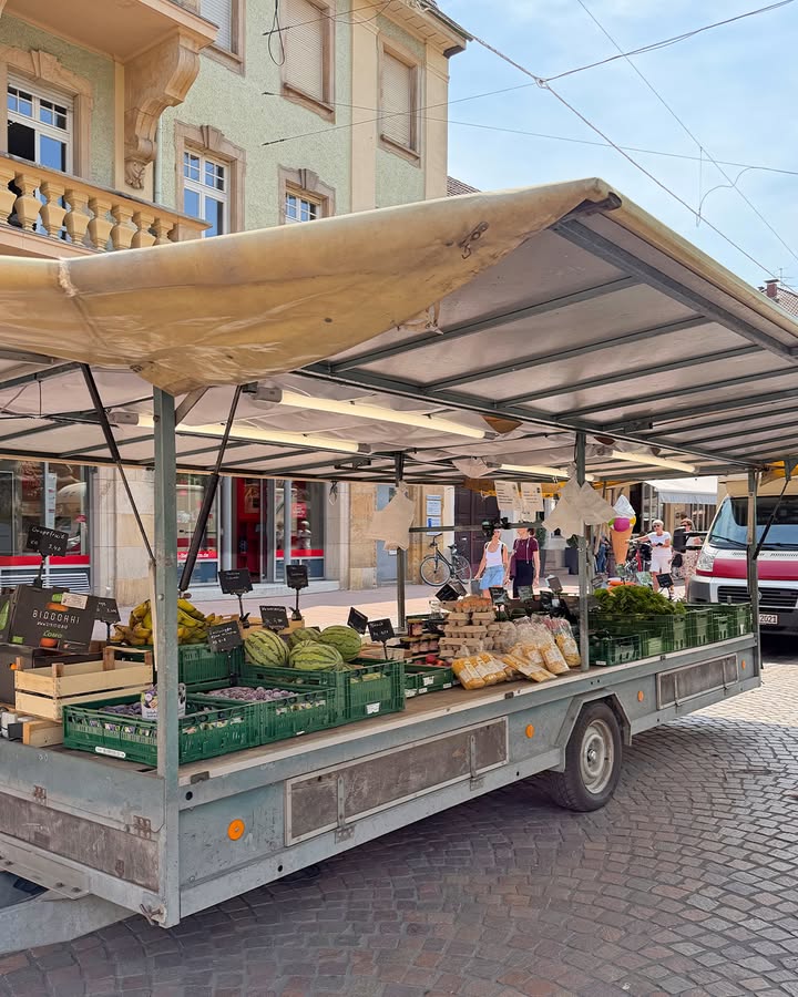 Marktstand auf einem grauen Anhänger mit beige Plane, der mit grünen Kisten gefüllt ist. Zu sehen sind Bananen, Wassermelonen, Auberginen und Blattgemüse sowie ein schwarzes Schild mit der Aufschrift „BIOGÖRRI“. Im Hintergrund befinden sich ein hellgrünes Gebäude, ein weißer Lieferwagen und Personen auf dem Pflaster. (KI-Alternativtext)