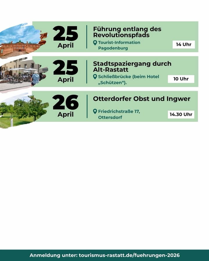 Dieser Alternativtext wurde KI-generiert: Ein farbiges Plakat informiert über Stadtführungen und -spaziergänge an verschiedenen Tagen und Uhrzeiten im April. Es enthält Angaben zu Orten und einem Link zur Anmeldung.