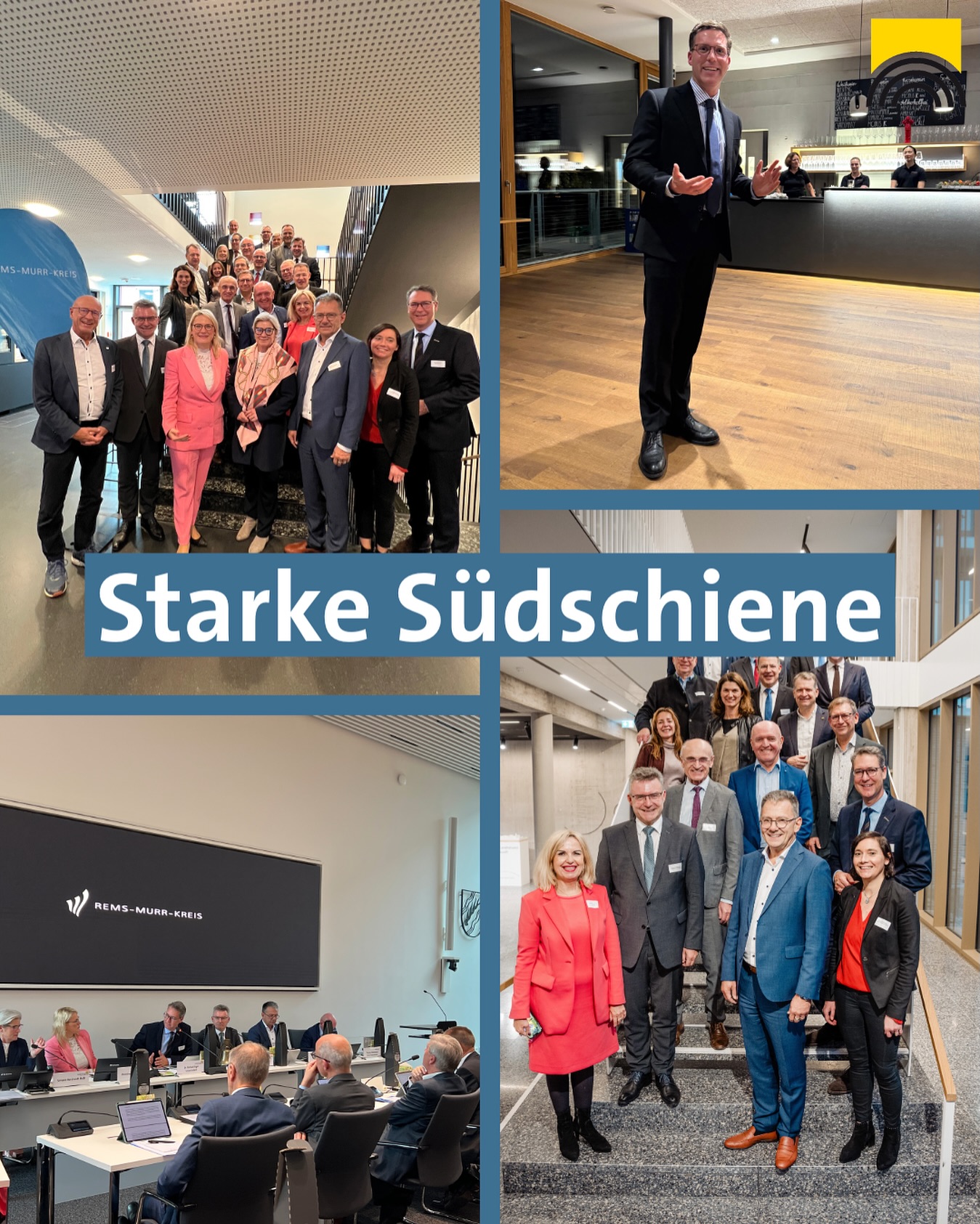 Dieser Alternativtext wurde KI-generiert: Collage aus mehreren Innen- und Außenaufnahmen von einer Veranstaltung mit vielen Personen in formellen Anzügen. Die Bilder zeigen Gruppen, die zusammenstehen und miteinander interagieren.