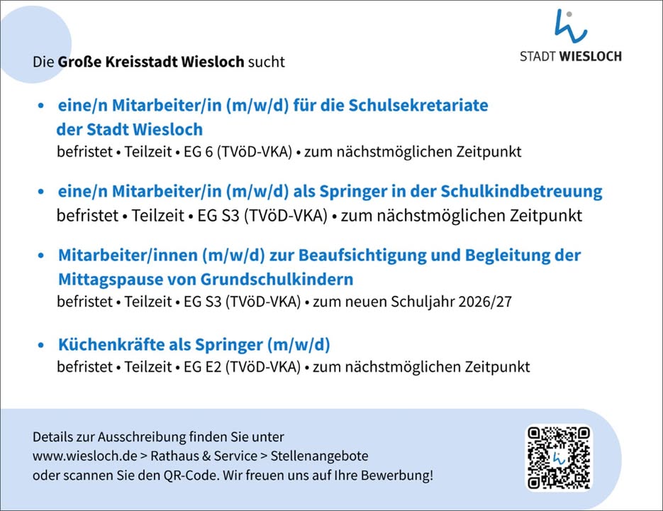 Dieser Alternativtext wurde KI-generiert: Schwarz-weiße Anzeige, die verschiedene Stellenangebote für die Stadtverwaltung bewirbt. Ein QR-Code verlinkt zu weiteren Details der Ausschreibung.