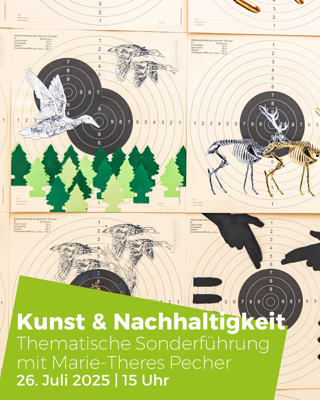 Das Bild zeigt verschiedene Zielscheiben mit Zeichnungen von Tieren. Der Vordergrund zeigt den Text 'Kunst & Nachhaltigkeit' in grüner Schrift.