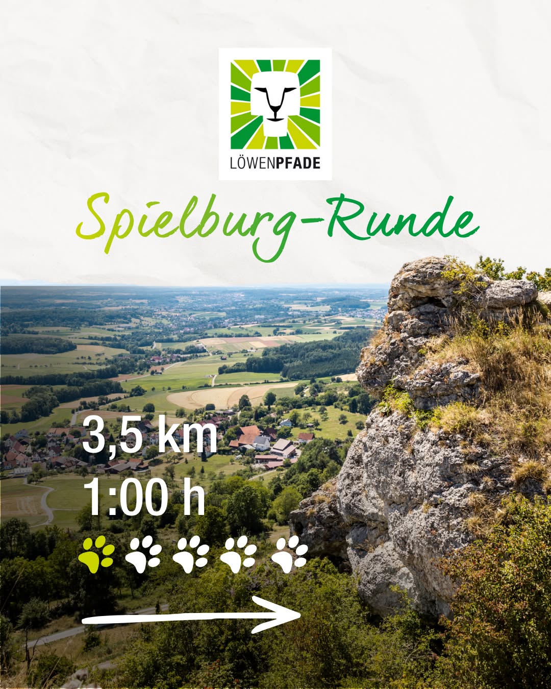 Werbebild für den Wanderweg „Spielburg-Runde“ der Löwenpfade mit Logo oben. Im Hintergrund ein Felsvorsprung mit Blick auf ein Tal. Links unten stehen „3,5 km“ und „1:00 h“ sowie fünf Pfotenabdrücke, von denen der erste grün gefüllt ist, und ein nach rechts zeigender Pfeil. (KI-Alternativtext)