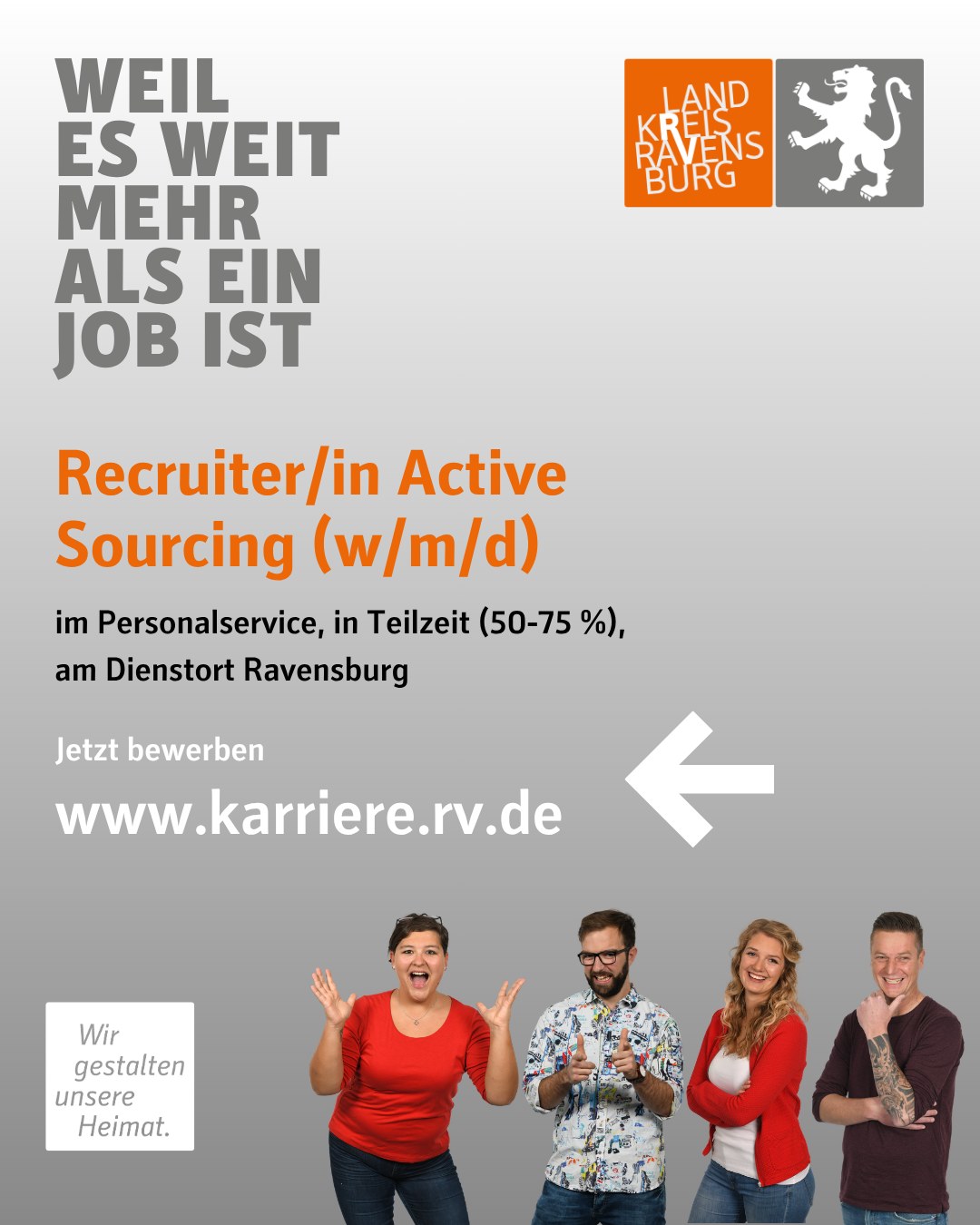 Dieser Alternativtext wurde KI-generiert: Ein farbiges Werbeplakat mit Text und einer Gruppe von lächelnden Personen im unteren Bildbereich. Es bewirbt eine Jobausschreibung für den Personalbereich.