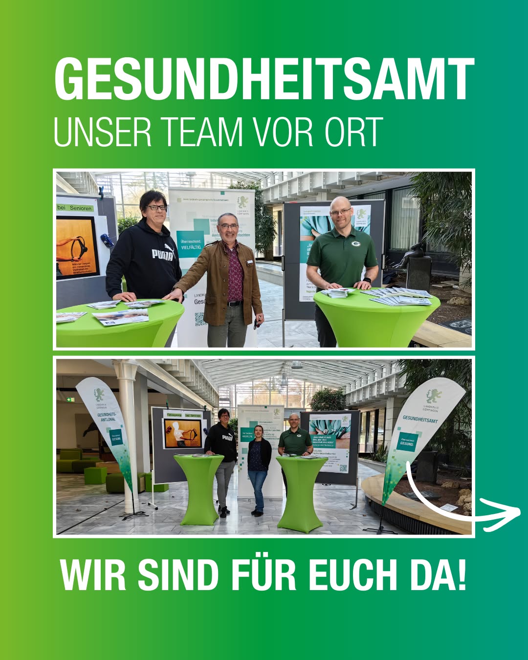 Dieser Alternativtext wurde KI-generiert: Collage mit mehreren Bildern von Personen vor einem Gebäude und einem Infostand. Es zeigt eine Außenansicht mit Werbebotschaften im Fokus.