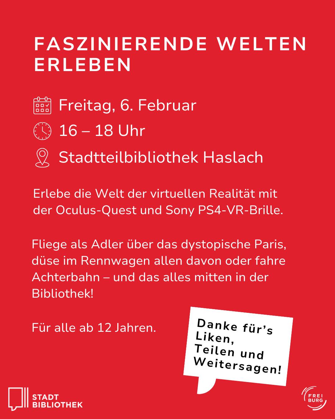 Dieser Alternativtext wurde KI-generiert: Ein farbiges Plakat kündigt ein virtuelles Realität-Erlebnis in der Stadtteilbibliothek an. Es enthält Informationen zu Datum, Uhrzeit, Ort und Altersbeschränkung.