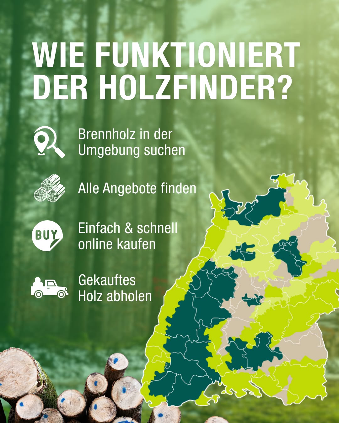 Dieser Alternativtext wurde KI-generiert: Ein farbiges Bild zeigt eine Karte mit Regionen und Informationen zum Kauf von Brennholz. Es werden Schritte wie die Suche und der Online-Kauf dargestellt.