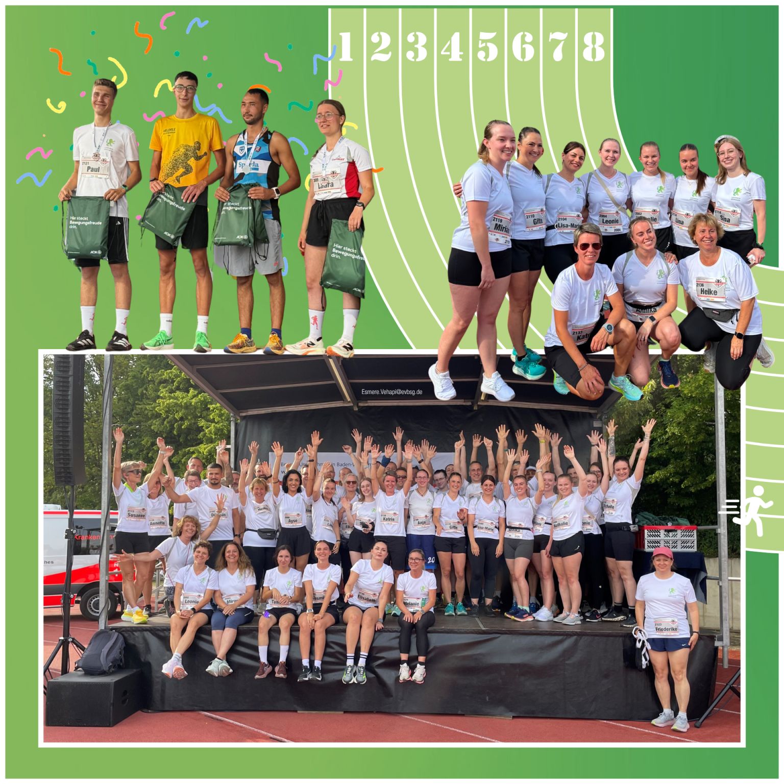Eine Collage zeigt drei Fotos von Läufern vor einem grünen Hintergrund mit einer Laufbahn und den Zahlen 1 bis 8. Oben links stehen vier Personen mit grünen Taschen, auf denen „Hier steckt Bewegungsfreude drin“ steht, und oben rechts posiert eine Gruppe in weißen T-Shirts auf einem Podest. Unten steht eine große Gruppe auf einer Bühne und hebt die Hände in die Luft. (KI-Alternativtext)