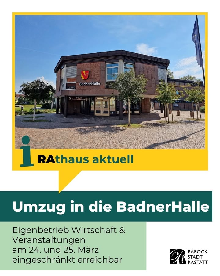 Dieser Alternativtext wurde KI-generiert: Ein farbiges Plakat zeigt ein Gebäude mit einem roten Wappen und einem Text über einen Umzug. Im unteren Bereich des Plakats befindet sich eine Information über eingeschränkte Erreichbarkeit.