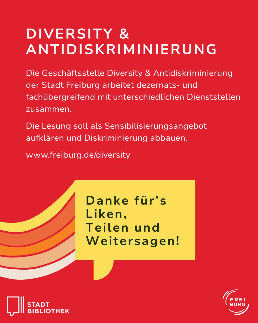 Dieser Alternativtext wurde KI-generiert: Gelber Hintergrund mit schwarzem Text, der Diversität und Antidiskriminierung bewirbt. Unten befindet sich ein orangefarbener Bereich mit einer Dankesbotschaft für Interaktion.