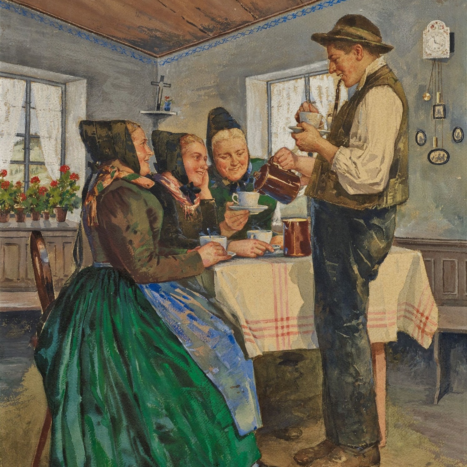  Das Bild zeigt eine Szene in einer Bauernstube. Ein Mann steht und gießt Kaffee in die Tassen von drei Frauen, die um einen Tisch sitzen.
