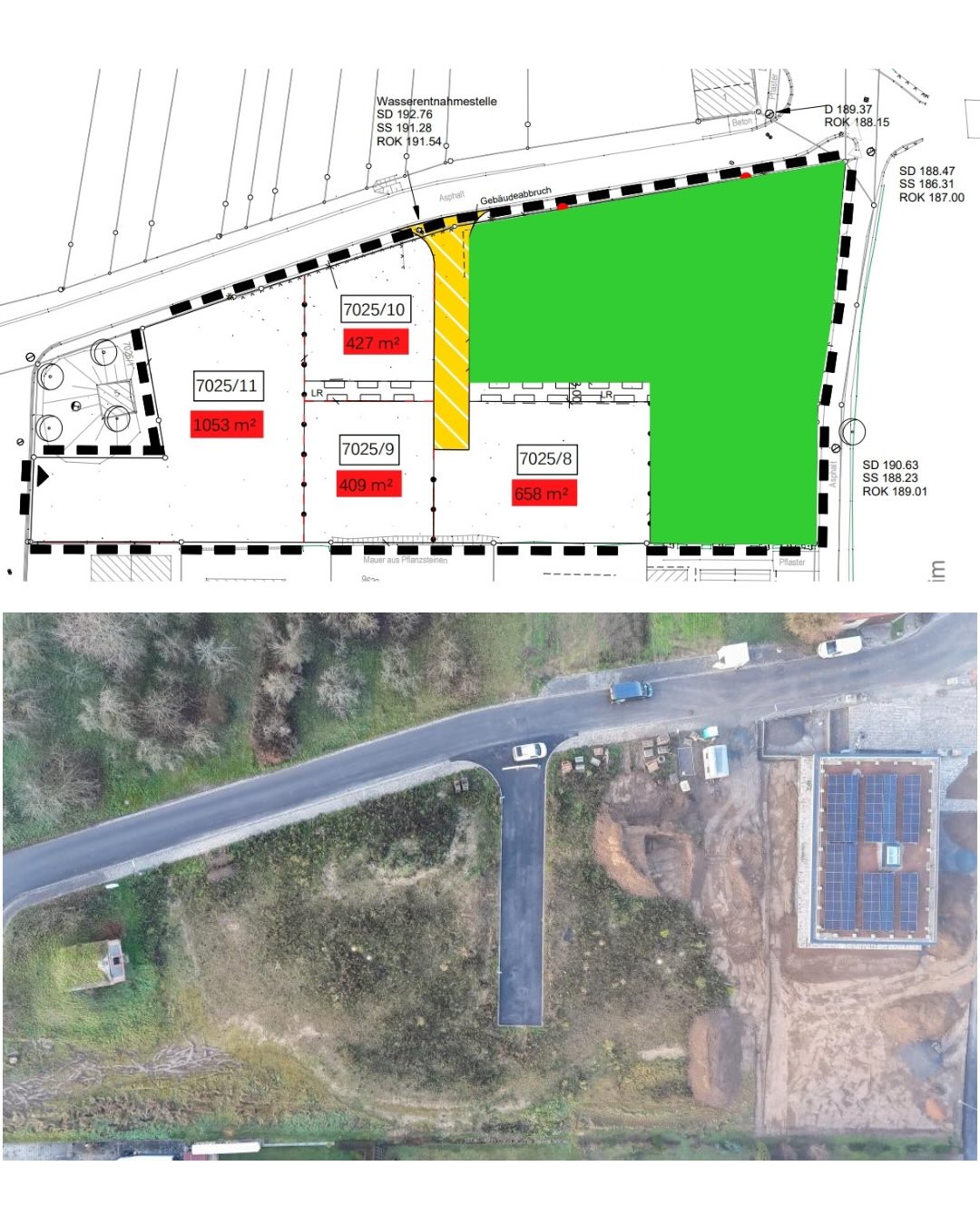 Dieser Alternativtext wurde KI-generiert: Schwarz-weißes technisches Diagramm einer Liegenschaft mit Grundstücksgrenzen und Gebäudeumrissen. Darunter ein Farbfoto des Geländes mit Solaranlagen auf dem Dach eines Gebäudes.