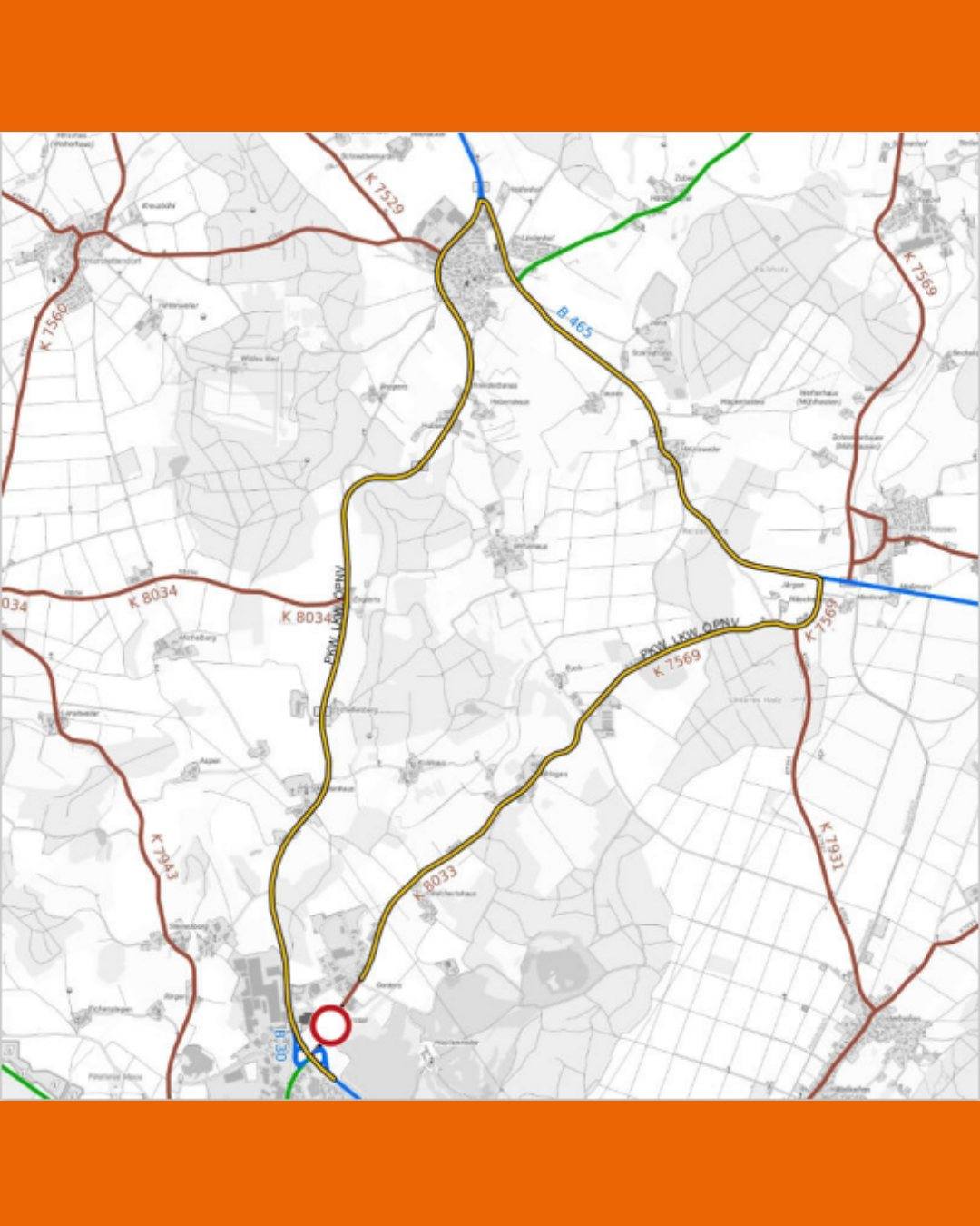 Die Umleitung führt von B 30 - Oberessendorf - B 465 - Mühlhausen - K 7569 - K 8033 und umgekehrt.