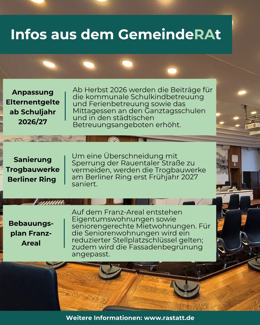 Dieser Alternativtext wurde KI-generiert: Ein farbiges Informationsblatt mit Text und Bildern. Es werden verschiedene lokale Themen wie Schulkindbetreuung, Straßensanierung und Bebauungspläne angesprochen.